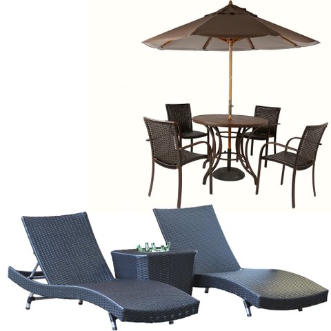 Kit 4 Cadeiras e Mesa Ascoli, 2 Espreguiçadeiras Bona e Mesa com Ombrelone Piscina, Jardim, Área Tra