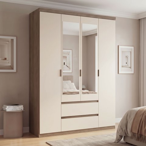 Guarda-Roupa 2 Portas 2 Gavetas 100% MDF Slim Glass Nobre Yescasa Off White/Rustic