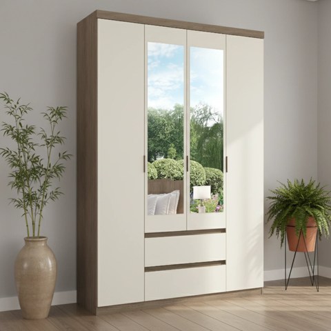 Guarda-Roupa 4 Portas 2 Gavetas 100% MDF Slim Glass Nobre Off White/Rustic