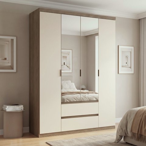 Guarda-Roupa 4 Portas 2 Gavetas 100% MDF 168cm x 230cm Nobre Yescasa Off White/Rustic
