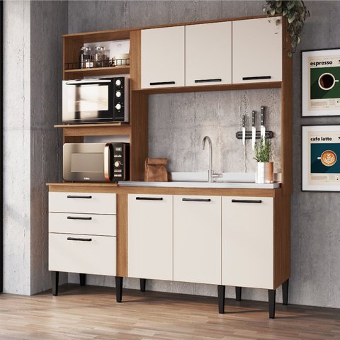 Cozinha Compacta 208cm x 185cm Compactas Bege/Freijó/Off White