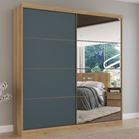 Guarda-Roupa Casal 2 Portas 6 Gavetas 100% MDF com Espelho 222cm x 230cm Malaga Azul/Capuccino