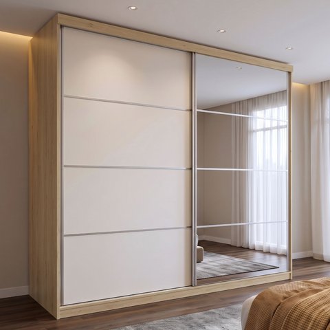 Guarda Roupa Casal com Espelho 100% MDF 2 Portas de Correr e 6 Gavetas 230cm Málaga Yescasa Capuccino/Off White