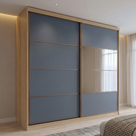 Guarda-Roupa Casal com Espelho 100% MDF 2 Portas de Correr e 6 Gavetas 230cm Málaga Yescasa Azul/Capuccino