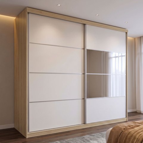 Guarda-Roupa Casal com Espelho 100% MDF 2 Portas de Correr e 6 Gavetas 230cm Málaga Yescasa Off/White Capuccino