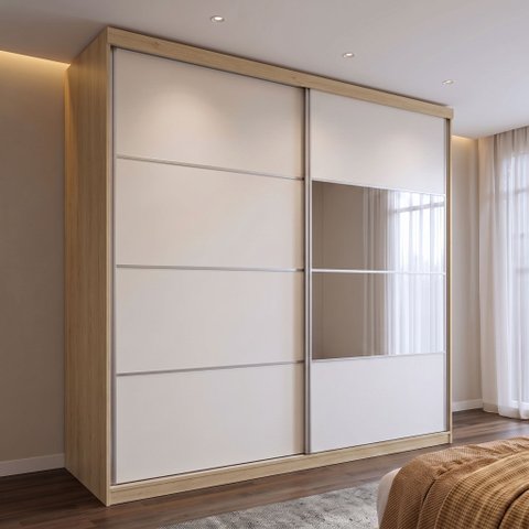 Guarda-Roupa Casal com Espelho 100% MDF 2 Portas de Correr e 6 Gavetas 230cm Málaga Yescasa Off/White Capuccino