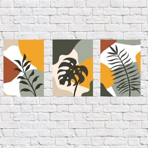 Kit 3 Placas Decorativas Folhas Abstratas 18x27cm