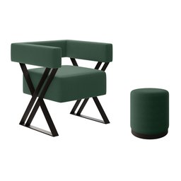 Poltrona Decorativa Sala de Estar Miralys com Puff Decorativo Marí Veludo Verde - Desk Design - 1