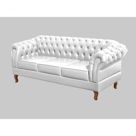 Sofá Dom Pedro 3 Lugares 215cm Branco Couro Sintético Fixo Bella Decor