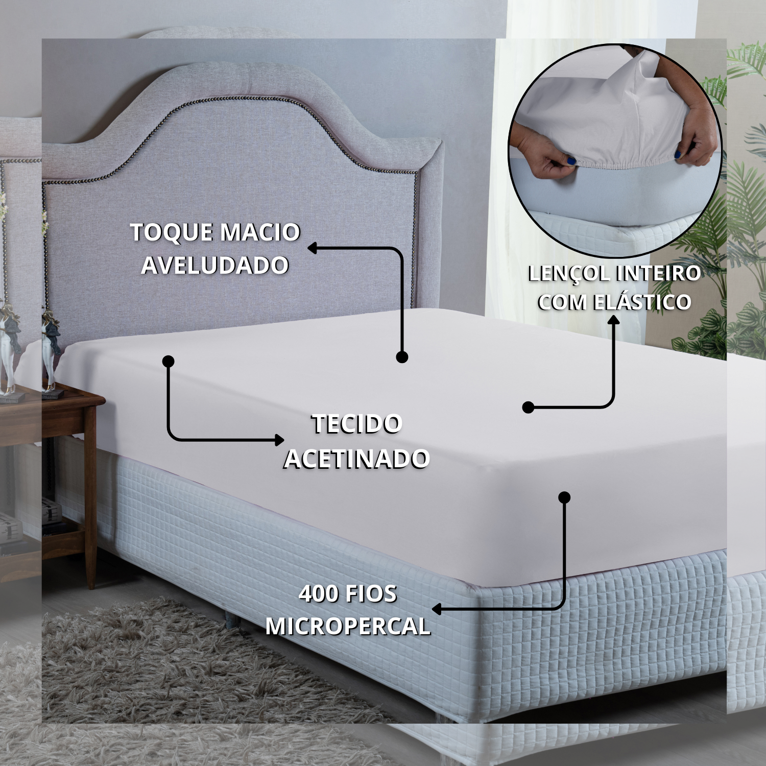 Lençol Cama Box King Size 400 Fios com Elástico Toque Extra Macio:branco - 4