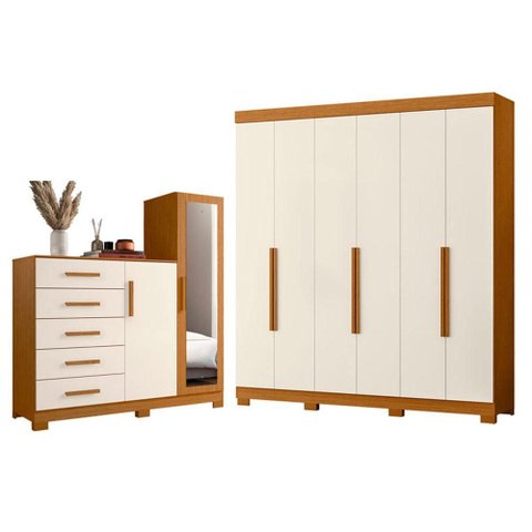 Guarda Roupa Casal Vinci 06 Portas e Cômoda New Master Cinamomo Off White - Móveis Albatroz