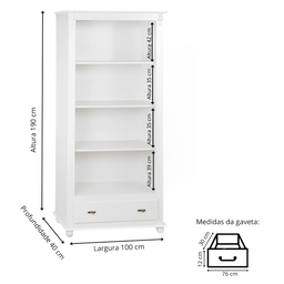 Estante para Livros de Madeira 3 Prateleiras 1 Gaveta Pés Torneados - Branco Laca - 4