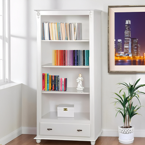 Estante para Livros de Madeira 3 Prateleiras 1 Gaveta Pés Torneados - Branco Laca