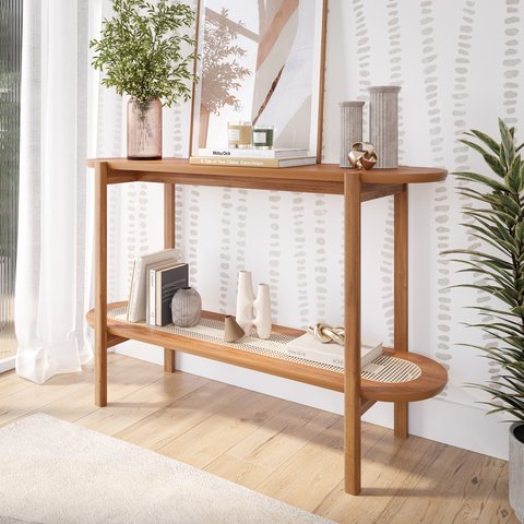 Aparador Para Sala De Estar 2 Prateleiras Em MDF e Madeira Maciça 135cm Linha Lotus