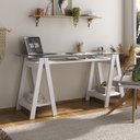 Ver imagem 2 de Escrivaninha Mesa Escritório com Tampo de Vidro e Pés em Cavalete 2 Prateleiras Elegante