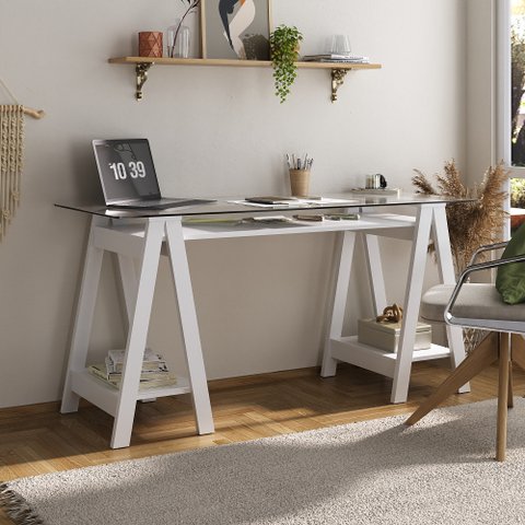 Escrivaninha Mesa Escritório com Tampo 150cm de Vidro e Pés em Cavalete 2 Prateleiras Elegante