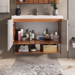 Conjunto de Banheiro Completo com Gabinete Suspenso 80cm Lavatório e Espelheira Bali - 4