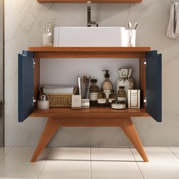 Conjunto para Banheiro Completo com Gabinete Madeira Maciça Cuba Sobrepor e Espelho com Led - Linha - 4