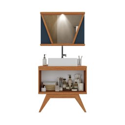 Conjunto para Banheiro Completo com Gabinete Madeira Maciça Cuba Sobrepor e Espelho com Led - Linha - 9