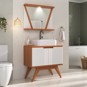 Conjunto para Banheiro Completo com Gabinete Madeira Maciça Cuba Sobrepor e Espelho com LED - Linha ÔNIX 80cm