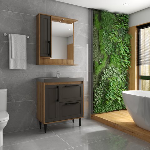 Armário Conjunto de Banheiro com Gabinete, Cuba e Espelheira 2 Portas e 1 gaveta com Led na Espelheira Milão 80 cm