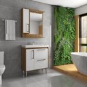 Ver imagem 1 de Armário Conjunto de Banheiro com Gabinete, Cuba e Espelheira 2 Portas e 1 gaveta com Led na Espelheira Milão 80 cm