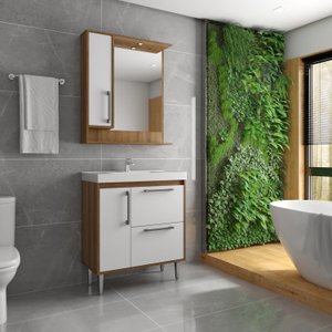 Armário Conjunto de Banheiro com Gabinete, Cuba e Espelheira 2 Portas e 1 gaveta com Led na Espelheira Milão 80 cm