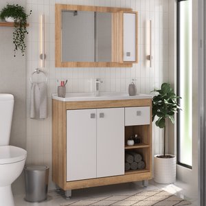 Conjunto para Banheiro Armário 3 Portas 1 Gaveta Espelheira C00d825 
