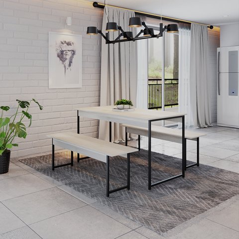 Conjunto Mesa de Jantar com 2 Bancos Estilo Industrial Active Yescasa