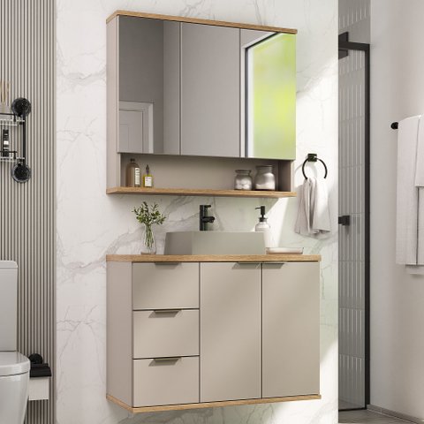 Conjunto de Banheiro Completo com Gabinete, Cuba e Espelheira 76cm York