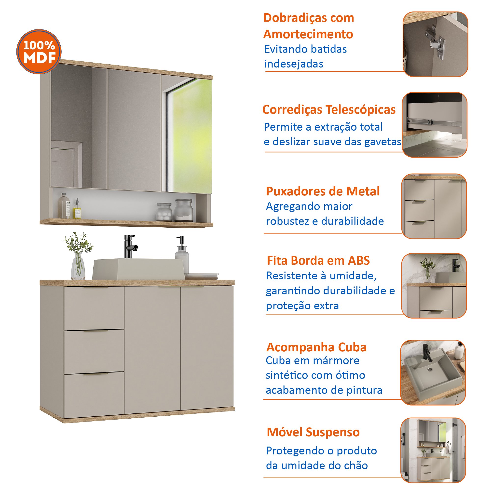 Conjunto de Banheiro Completo com Gabinete, Cuba e Espelheira 76cm York - 7