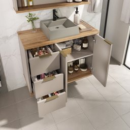 Conjunto de Banheiro Completo com Gabinete, Cuba e Espelheira 76cm York - 3