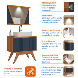 Conjunto para Banheiro Completo com Gabinete Madeira Maciça Cuba Sobrepor e Espelho com Led - Linha - 7