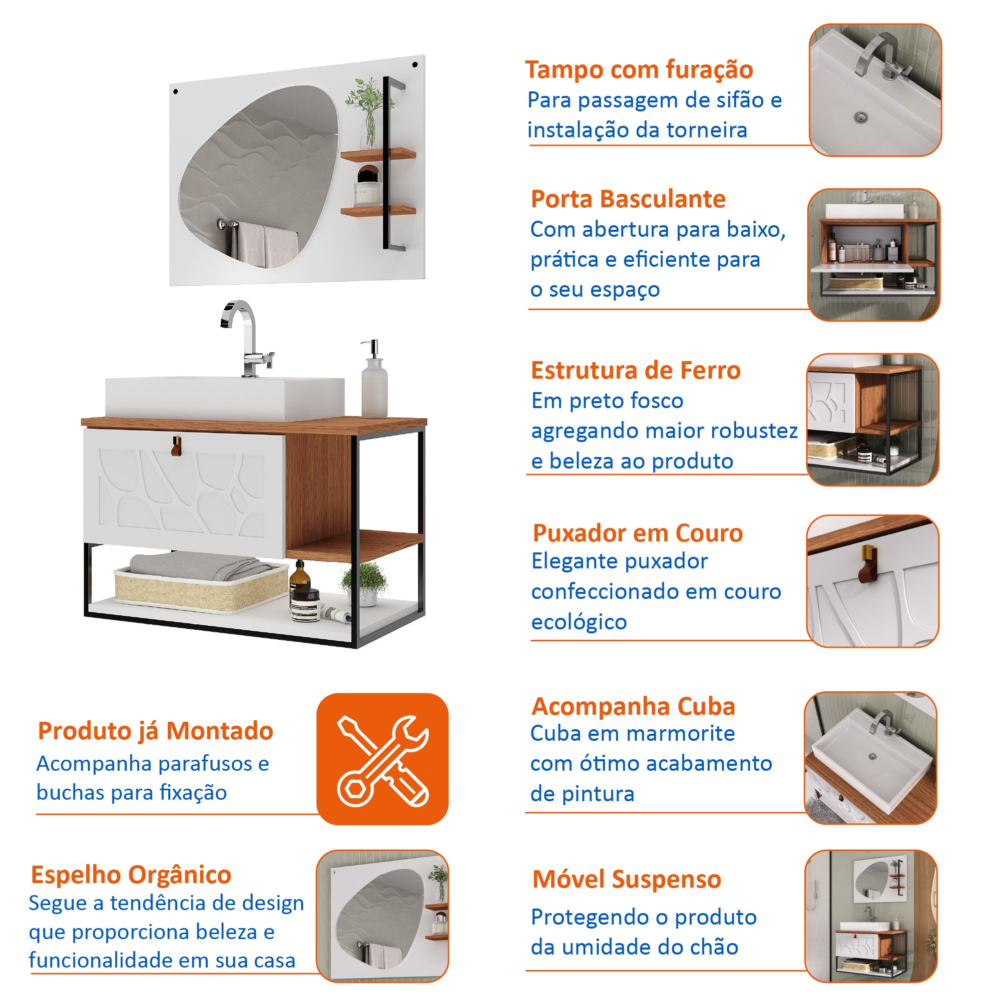 Conjunto de Banheiro Completo com Gabinete Suspenso 80cm Lavatório e Espelheira Bali - 6