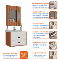 Conjunto de Banheiro Completo com Gabinete Suspenso 80cm Lavatório e Espelheira Bali - 6
