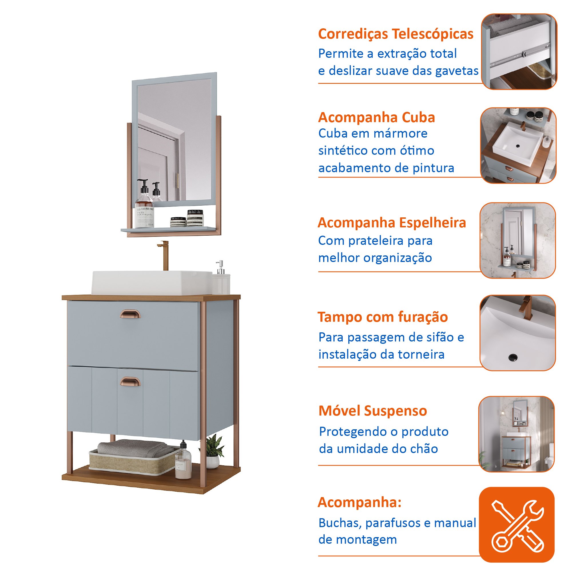 Gabinete Suspenso com Cuba e Espelheira 60cm Olivia Espresso Móveis - 9