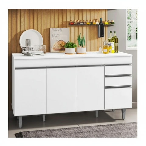 Balcão Gabinete de Pia com Tampo 150cm 4 Portas 2 Gavetas Marrocos Branco - Lumil