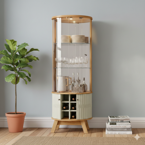 Cristaleira para Sala de Jantar 4 Portas Vidro Curvo com Espelho Led e Nicho Garrafeiro Marina