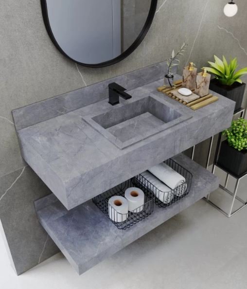 Bancada em Porcelanato para Banheiro Completa Alto Padrão 100cm Com Cuba Esculpida GRAFITE