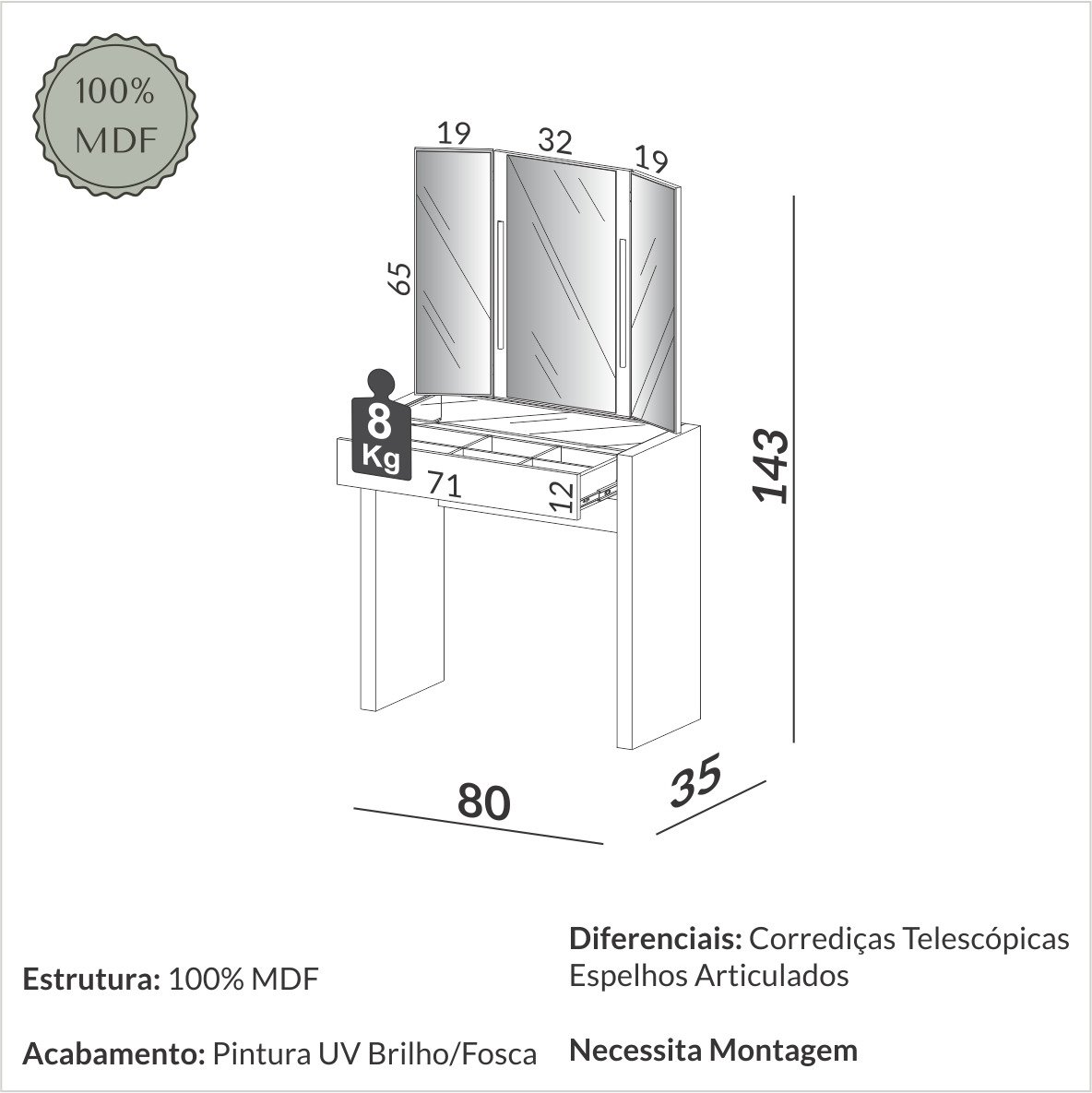 Penteadeira com Gaveta, Espelho e Iluminação Led 80cm Tw130l Dalla Costa - Off White - 3