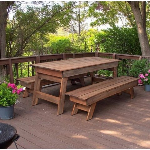 Conjunto Mesa Rustica Com 2 Bancos Em Madeira Maciça para Área Externa / Jardim