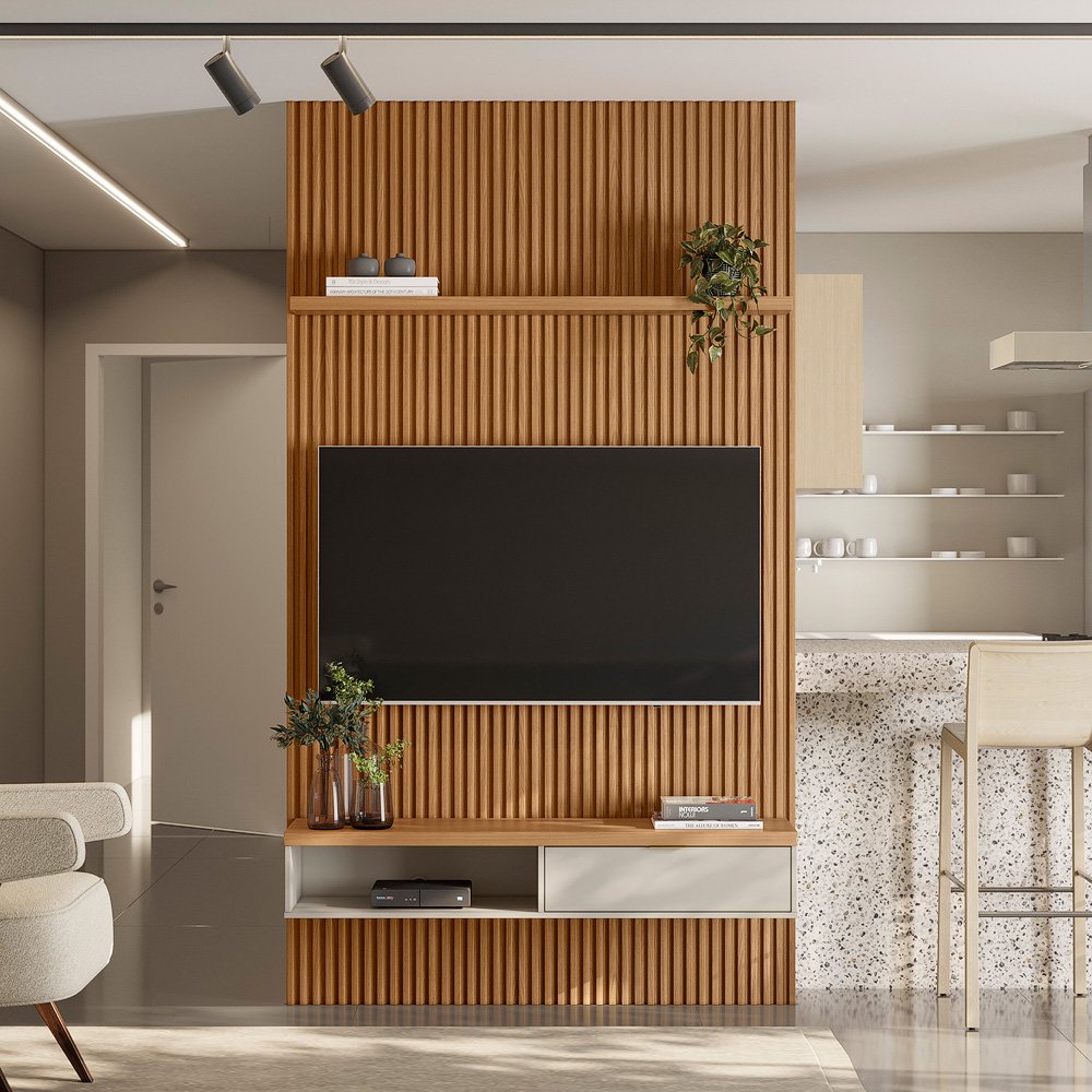 Painel para TV até 75 Polegadas Ripado Modular 140cm 1 Nicho 1 Prateleira Linea