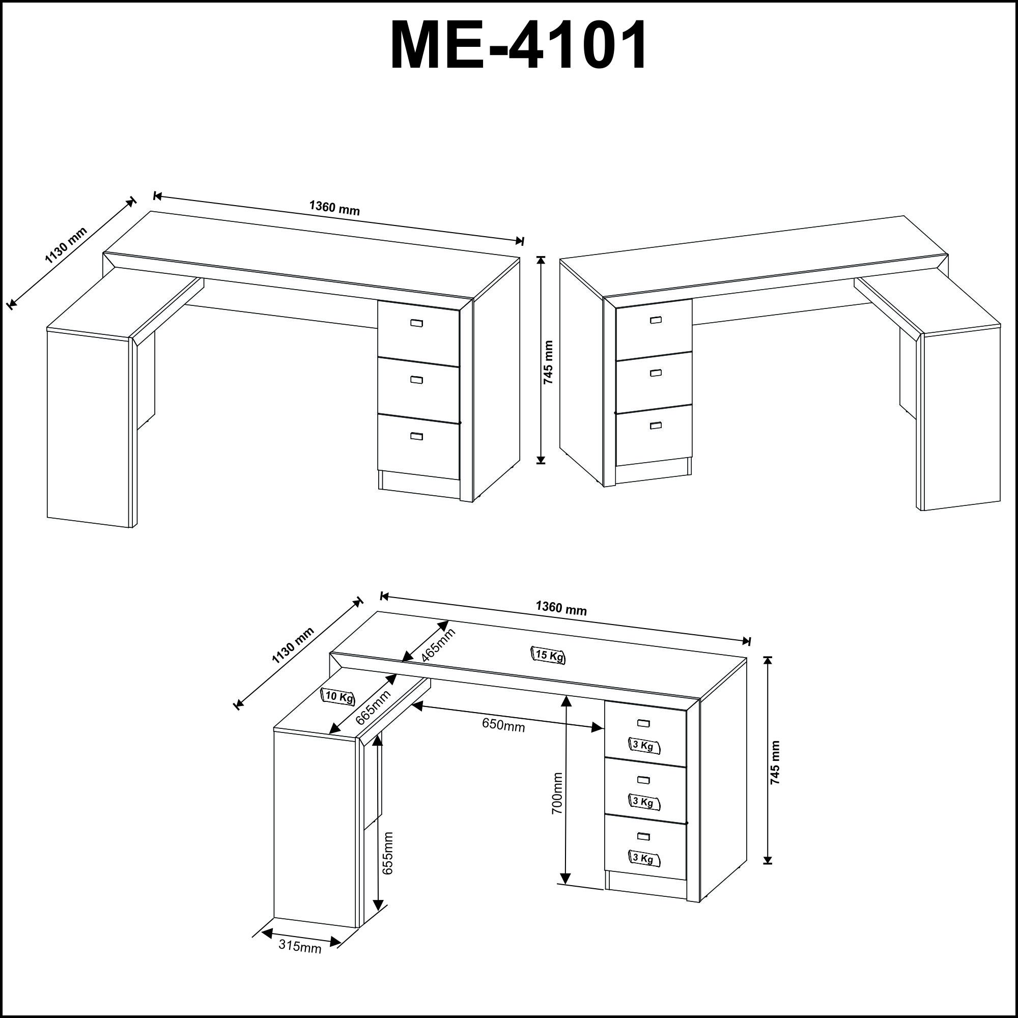 Mesa para Escritório em L com 3 Gaveta Me4101 Tecno Mobili - 15