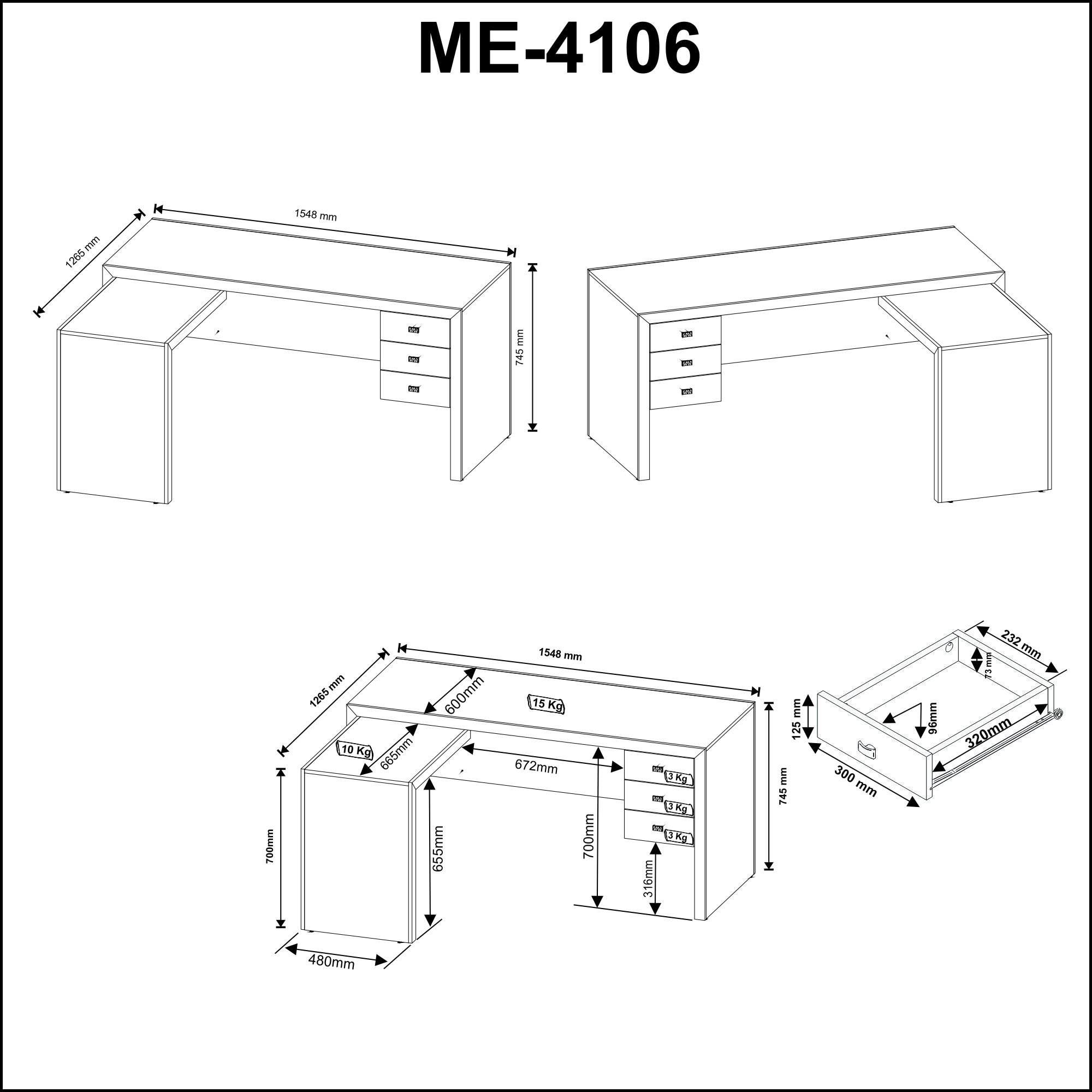 Mesa para Escritório em L com 3 Gavetas Me4106 Tecno Mobili - 7
