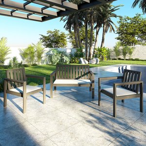 Conjunto Banco 2 Lugares e Poltronas com Almofadas Madeira Maciça Yescasa