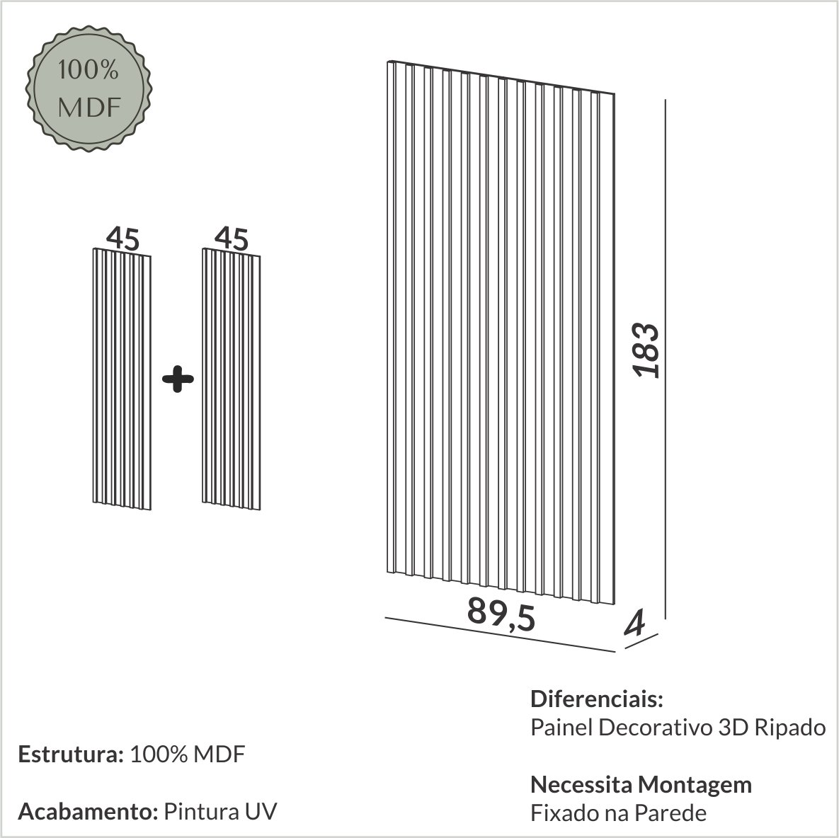 Painel Ripado em Barra 183x89,5cm (1,63m²) MDF - 4