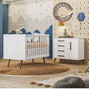 Ver imagem 1 de Quarto de Bebê Qencanto Retrô com Cômoda e Berço Qmovi Branco Acetinado + Colchão Gazin