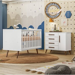 Quarto de Bebê Qencanto Retrô com Cômoda e Berço Qmovi Branco Acetinado + Colchão Gazin