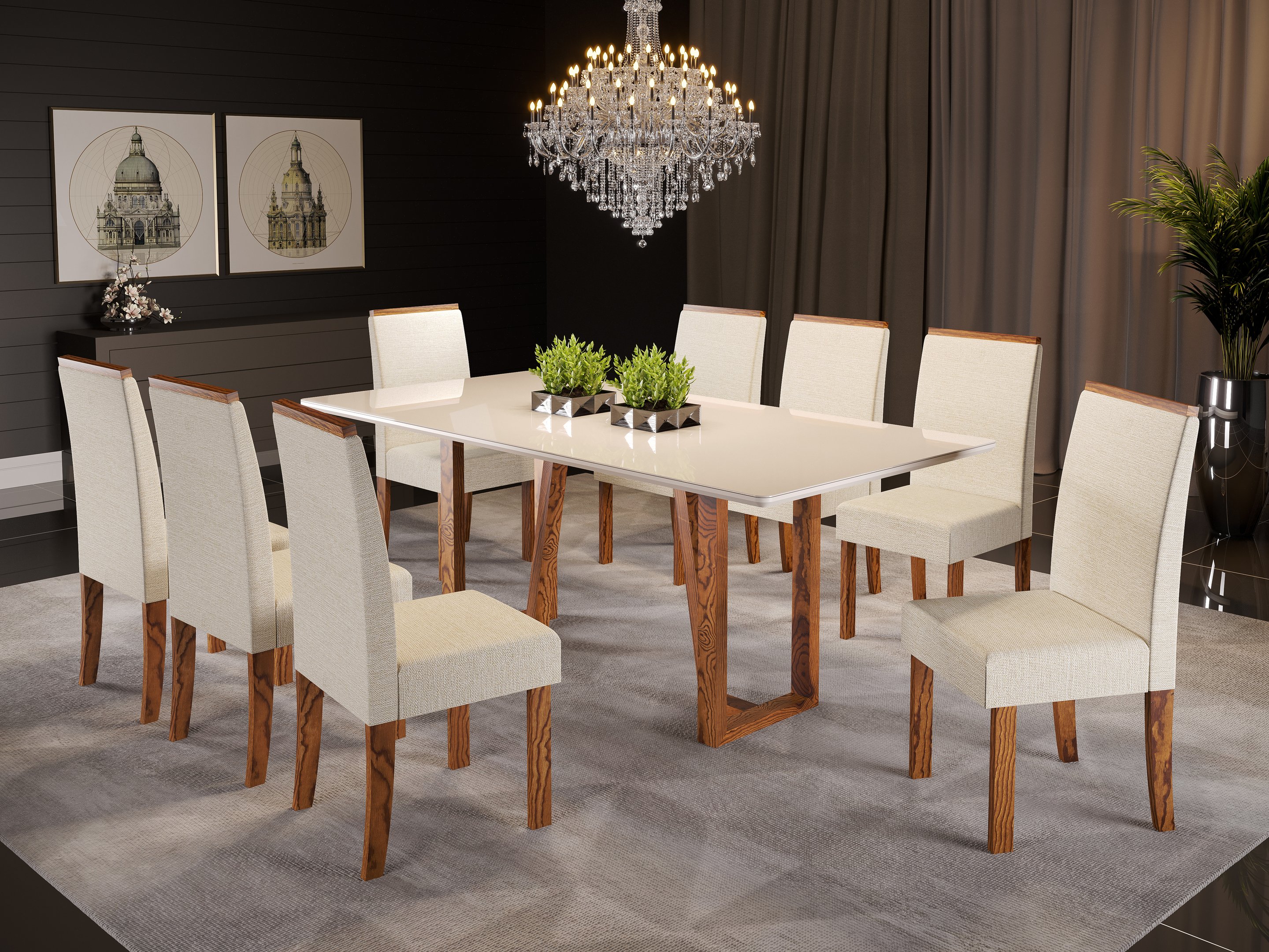 Menor preço em Conjunto Sala de Jantar Mesa Antonela 200x100cm Tampo Vidro/MDF com 8 Cadeiras Julia Sonetto Móveis
