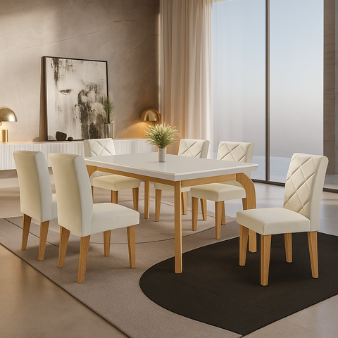 Conjunto para Sala de Jantar Mesa Dublin 180cm Tampo Mdf Canto Reto com 6 Cadeiras Irlanda